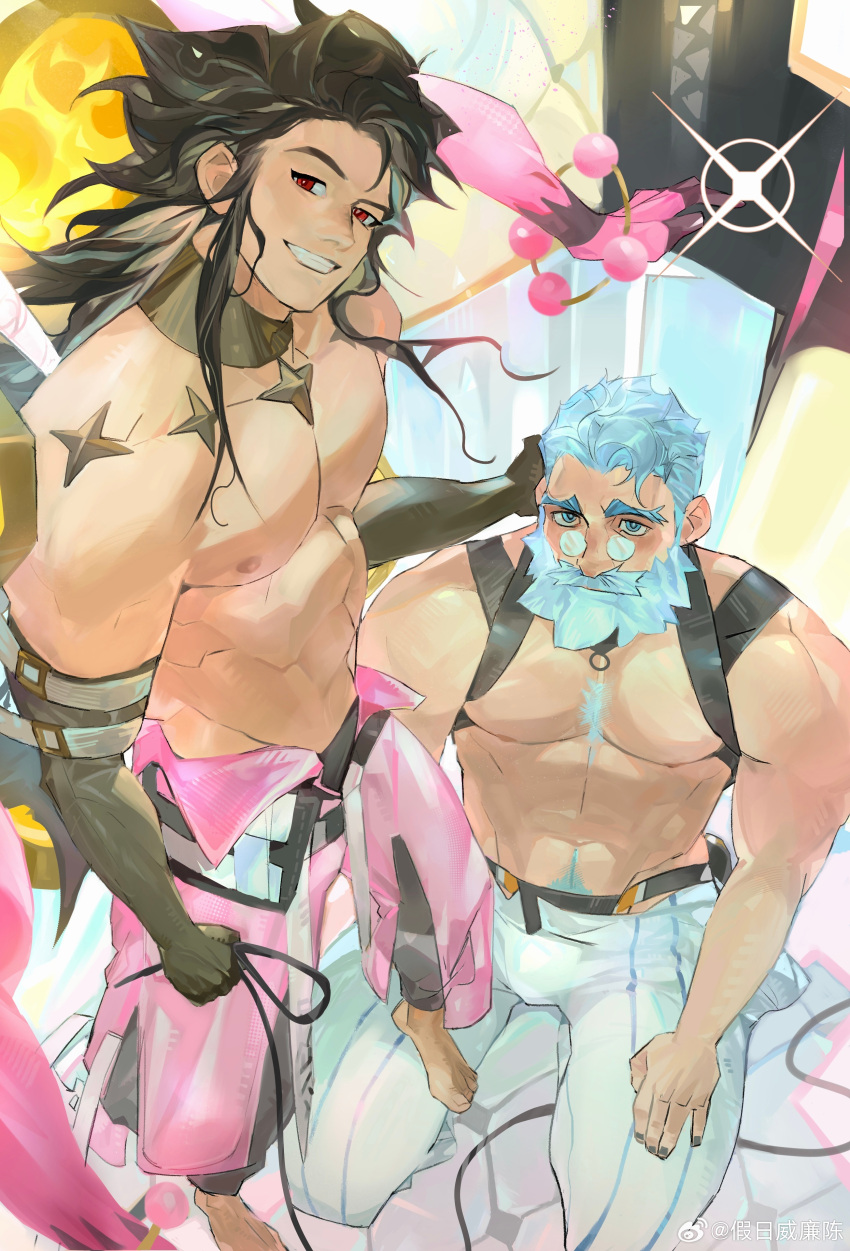2boys abs absurdres bara beard black_gloves black_hair black_nails blue_eyes chinese_commentary commentary_request dislyte extra_arms facial_hair gloves hand_on_another's_head highres li_ling_(nezha) looking_at_viewer male_focus multiple_boys muscular muscular_male pants pectorals pink_pants pritzker_(mimir)_(dislyte) red_eyes round_eyewear sparkle topless_male weibo_logo weibo_username white_hair white_pants williamschan