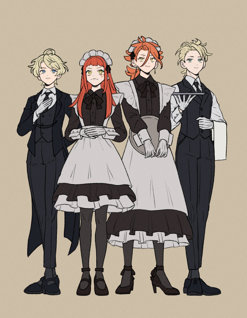 2boys 2girls alternate_costume apron black_pantyhose blonde_hair blue_eyes brother_and_sister bunet_(fire_emblem) butler closed_mouth crossdressing female_butler fire_emblem fire_emblem_engage full_body gloves hahm0106 highres long_hair maid maid_apron maid_headdress merrin_(fire_emblem) multiple_boys multiple_girls orange_hair pandreo_(fire_emblem) panette_(fire_emblem) pantyhose short_hair siblings simple_background white_apron white_gloves yellow_eyes