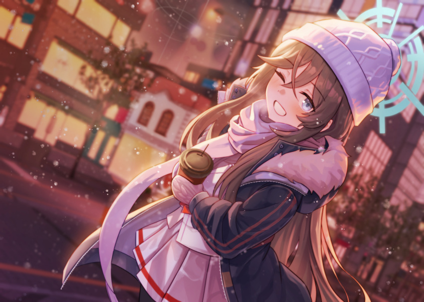1girl absurdres blue_archive blue_halo casual city coat cup disposable_cup grey_eyes grey_hair halo highres long_hair minori_(blue_archive) mittens one_eye_closed pleated_skirt scarf skirt smile snow twilight wnsgur6686 woollen_cap