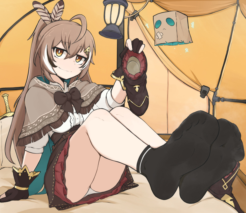 1girl ahoge arm_support bed_sheet black_gloves black_hair black_socks boots bow bowtie bright_pupils brown_bow brown_bowtie brown_eyes brown_hair closed_mouth double-parted_bangs feather_hair_ornament feathers feet foot_focus foreshortening frills full_body gloves gold_trim hair_between_eyes hair_ornament highres holding holding_boots holding_clothes holding_footwear hololive hood hood_down indoors knees_up legs legs_together long_hair looking_at_viewer miniskirt multicolored_hair nanashi_mumei no_shoes on_bed panties partially_fingerless_gloves ponytail sitting skirt smile socks softhanten soles streaked_hair tent toes underwear unworn_boots variant_set very_long_hair virtual_youtuber white_hair white_panties white_pupils