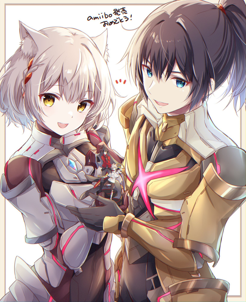 1boy 1girl amiibo animal_ear_fluff animal_ears armor black_hair blue_eyes bodysuit cat_ears chest_jewel figure gloves grey_hair highres long_hair looking_at_viewer m_(xenoblade) n_(xenoblade) noah_(xenoblade) official_alternate_costume ponytail short_hair smile ui_frara xenoblade_chronicles_(series) xenoblade_chronicles_3 yellow_eyes