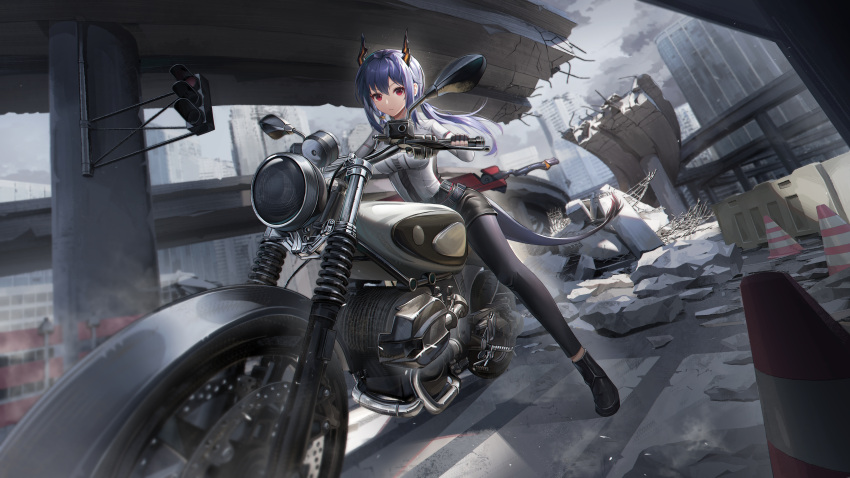 1girl absurdres arknights black_footwear black_gloves black_shorts blue_hair blue_leggings bridge building ch'en_(arknights) closed_mouth cloud fingerless_gloves gloves highres horns leggings long_hair looking_at_viewer motor_vehicle motorcycle on_motorcycle outdoors red_eyes revision shirt shoes shorts sitting solo traffic_cone traffic_light wa_(user_snch2757) white_shirt