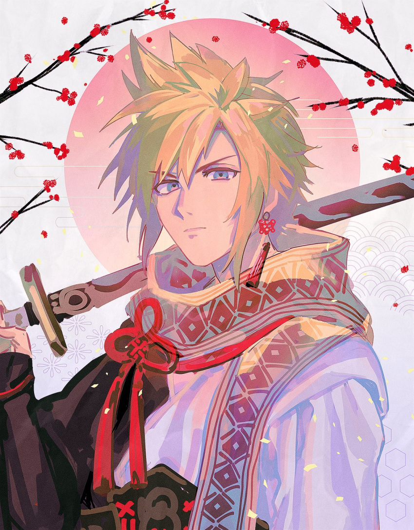 1boy blonde_hair blue_eyes cherry_blossoms cloud_strife cloud_strife_(official_festive_garb) earrings final_fantasy_vii_ever_crisis hand_up highres hityandayo holding holding_sword holding_weapon japanese_clothes jewelry katana kimono male_focus multicolored_clothes multicolored_kimono over_shoulder red_tassel scarf seigaiha serious short_hair solo spiked_hair sword sword_over_shoulder tassel tassel_earrings upper_body weapon weapon_over_shoulder