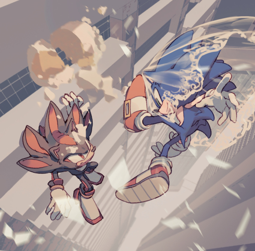 2boys animal_ears animal_nose black_fur blue_fur body_fur building closed_mouth dust dynamic_pose fighting fighting_in_air full_body gloves green_eyes grey_background hedgehog hedgehog_ears hedgehog_tail highres multicolored_fur multiple_boys red_eyes red_footwear red_fur shadow_the_hedgehog smile sonic_(series) sonic_the_hedgehog tail thslrrpwjd white_gloves