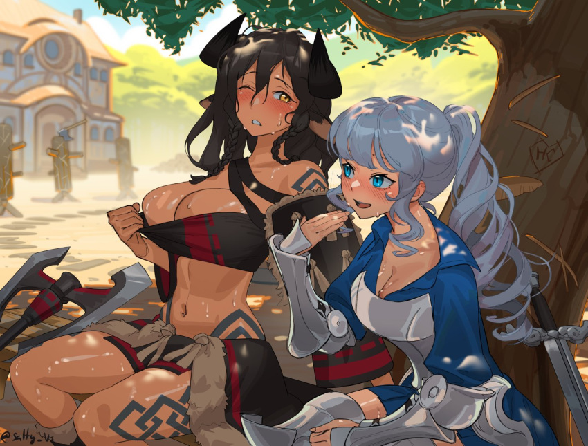 2girls animal_ears armor axe battle_axe black_horns black_tube_top blue_dress blue_eyes blue_hair blurry blush boots braid braided_bangs breasts brown_eyes brown_hair chest_armor clothes_pull cow_ears cow_horns dark-skinned_female dark_skin depth_of_field detached_sleeves dress fanning_self feet_out_of_frame final_fantasy final_fantasy_xiv full-face_blush fur_boots greaves horns large_breasts long_hair mu_ren_zhuang multiple_girls one_eye_closed ponytail pulled_by_self short_shorts shorts signature single_shoulder_pad sitting_on_bench strapless sweat sweatdrop sword tattoo teeth tree tree_shade tube_top tube_top_pull upper_teeth_only vambraces violet_sears weapon