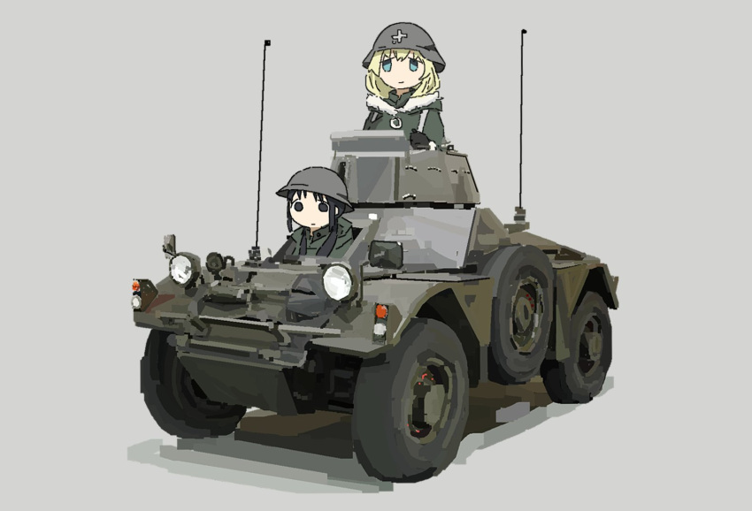 2girls black_eyes black_hair blonde_hair blue_eyes brodie_helmet chito_(shoujo_shuumatsu_ryokou) combat_helmet fur_trim gloves grey_background helmet long_hair long_sleeves military military_uniform military_vehicle multiple_girls prasetyoadii22 riding shoujo_shuumatsu_ryokou simple_background slight_smile stahlhelm twintails uniform vehicle_focus vehicle_request yuuri_(shoujo_shuumatsu_ryokou)