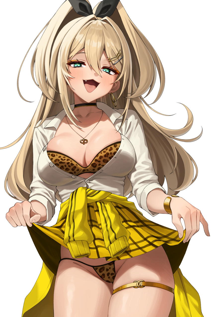 1girl :d absurdres animal_print blonde_hair blush bra bra_peek breasts checkered_clothes checkered_skirt choker cleavage clothes_around_waist clothes_lift collarbone goddess_of_victory:_nikke gold_bracelet green_hair hair_between_eyes hair_intakes highres jacket jacket_around_waist jewelry large_breasts leopard_print long_hair necklace open_mouth panties pantyshot ponytail rupee_(nikke) salty_gana shirt simple_background skirt skirt_lift smile solo thighlet unbuttoned unbuttoned_shirt underwear white_background white_shirt yellow_jacket yellow_skirt