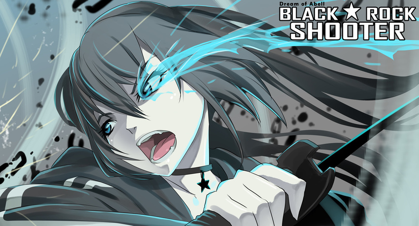 black_hair black_rock_shooter blue_eyes choker dream_of_abell fang kuroi_mato sword twintails weapon
