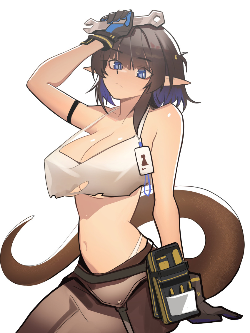 1girl absurdres arknights arm_strap arm_up bare_shoulders black_gloves black_hair blue_eyes blue_hair breasts brown_pants closed_mouth colored_inner_hair commentary crop_top distr english_commentary eunectes_(arknights) eunectes_(forgemaster)_(arknights) gloves highres holding holding_wrench large_breasts looking_at_viewer medium_hair multicolored_hair navel official_alternate_costume pants panty_straps pointy_ears shirt sidelocks simple_background snake_tail solo spaghetti_strap stomach tail white_background white_shirt wrench