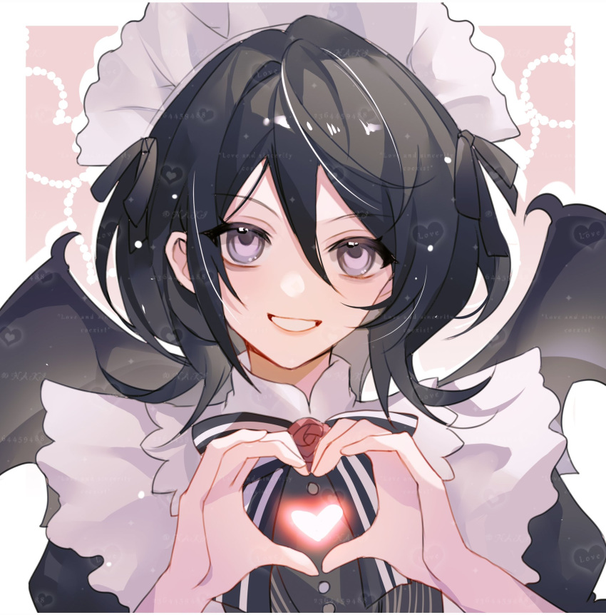 1girl black_hair bleach choro-nakini dress heart heart_hands highres kuchiki_rukia long_hair looking_at_viewer maid maid_headdress purple_eyes shinigami smile solo wings