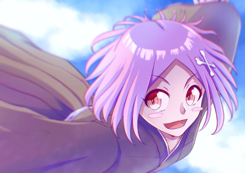 1girl :d black_kimono bleach blurry blush_stickers bone_hair_ornament close-up commentary_request day depth_of_field hair_ornament japanese_clothes kimono kusajishi_yachiru looking_at_viewer open_mouth outdoors pink_hair red_eyes short_hair smile solo sumire_1046 x_hair_ornament