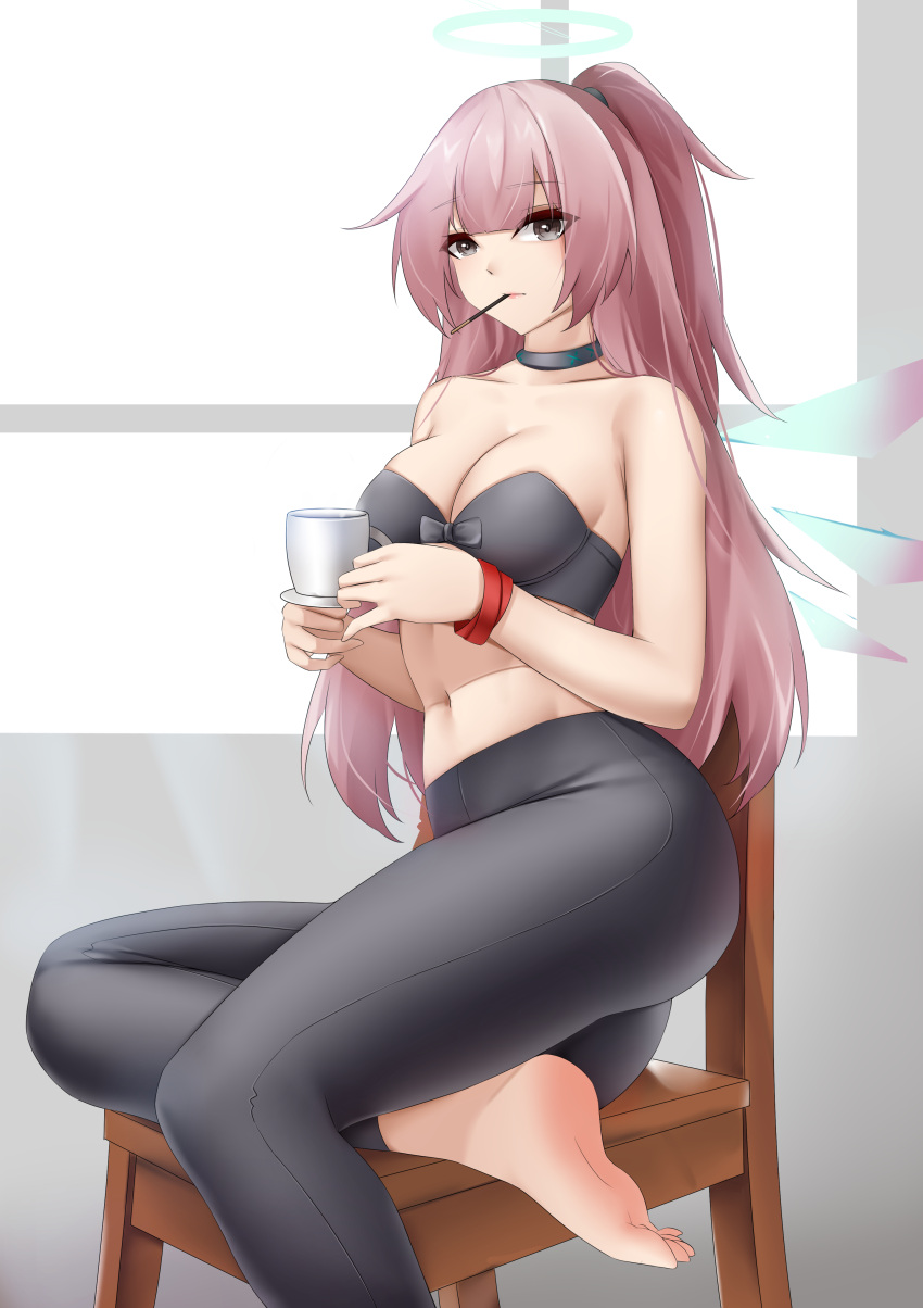 1girl absurdres ambriel_(arknights) arknights ass bare_shoulders barefoot black_bra black_choker black_leggings bra breasts casperrin choker closed_mouth collarbone cup detached_wings energy_wings food grey_eyes halo highres holding holding_cup indoors large_breasts leggings long_hair looking_at_viewer mouth_hold navel on_chair one_side_up pink_hair pocky sitting solo strapless strapless_bra underwear very_long_hair window wings wristband