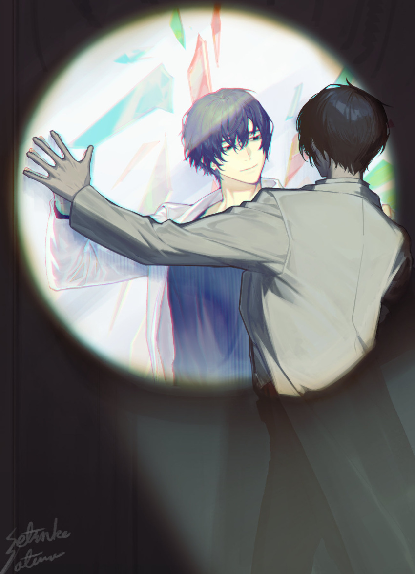 2boys black_eyes black_hair black_shirt closed_mouth coat cowboy_shot crystal_wings dual_persona e.g.o_(project_moon) highres lab_coat limbus_company long_sleeves looking_to_the_side multiple_boys project_moon sang_yi_(project_moon) satome_setsuko shirt smile spotlight white_coat yi_sang_(project_moon)