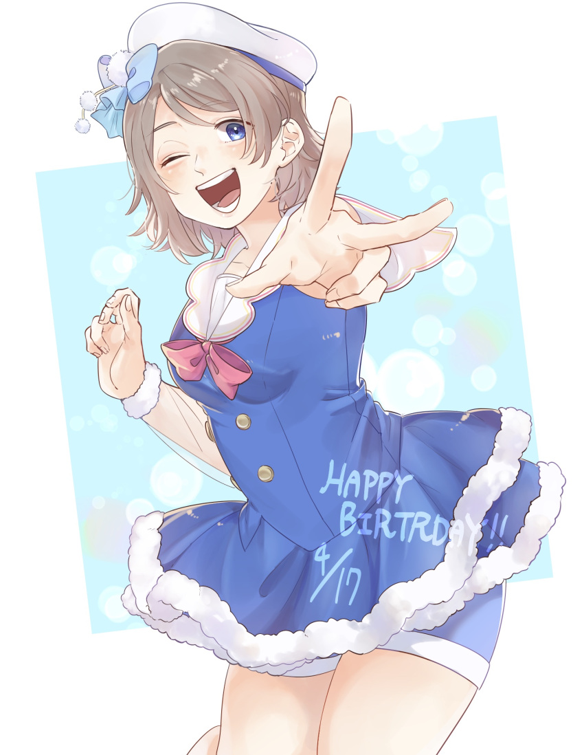 1girl ;d blue_background blue_bow blue_dress blue_eyes blue_shorts blurry bokeh bow bowtie breasts buttons cowboy_shot dated depth_of_field dress english_text foreshortening fur-trimmed_dress fur_trim hand_up happy_birthday hat hat_bow highres looking_at_viewer love_live! love_live!_sunshine!! one_eye_closed open_mouth pink_bow pink_bowtie pom_pom_(clothes) reaching reaching_towards_viewer sailor_hat shorts small_breasts smile solo teeth thighs two-tone_background urata_(kogasitata) v watanabe_you white_background