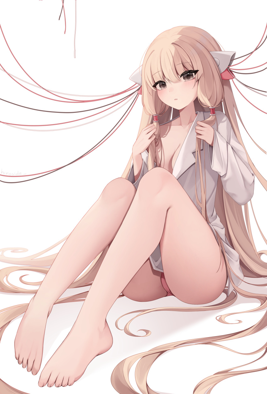 1girl absurdly_long_hair absurdres ass barefoot blonde_hair breasts brown_eyes cable chii chobits closed_mouth collarbone collared_shirt commentary feet foreshortening full_body hair_tubes highres hiroside knees_up legs long_hair looking_at_viewer no_bra open_clothes open_shirt panties pantyshot pink_panties robot_ears shirt simple_background sitting solo thighs underwear very_long_hair white_background white_shirt