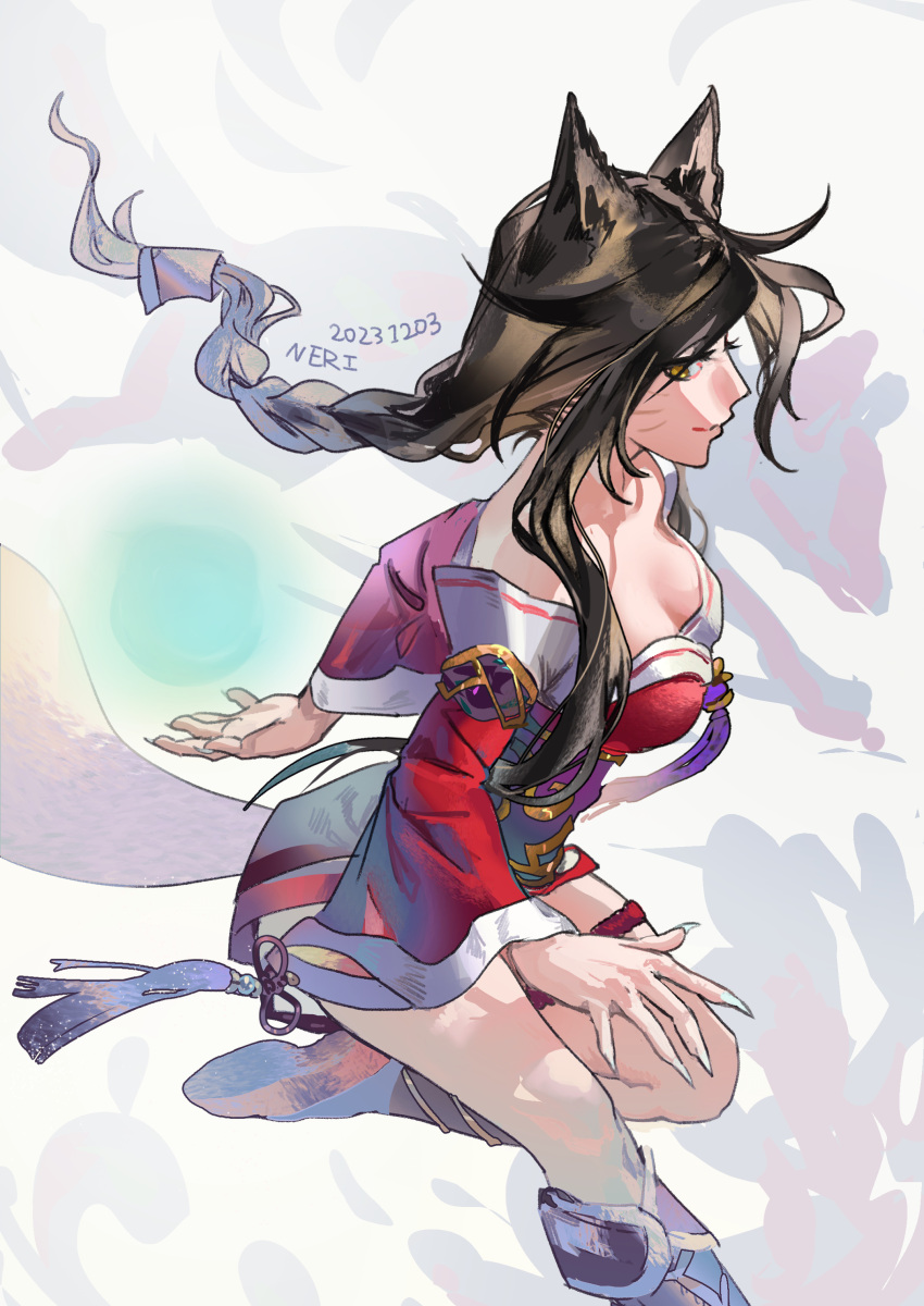 1girl absurdres ahri_(league_of_legends) animal_ears artist_name black_hair braid breasts dated facial_mark fingernails fox_ears fox_girl fox_tail highres league_of_legends leg_up long_hair neri_(neri23152939) sharp_fingernails solo tail whisker_markings