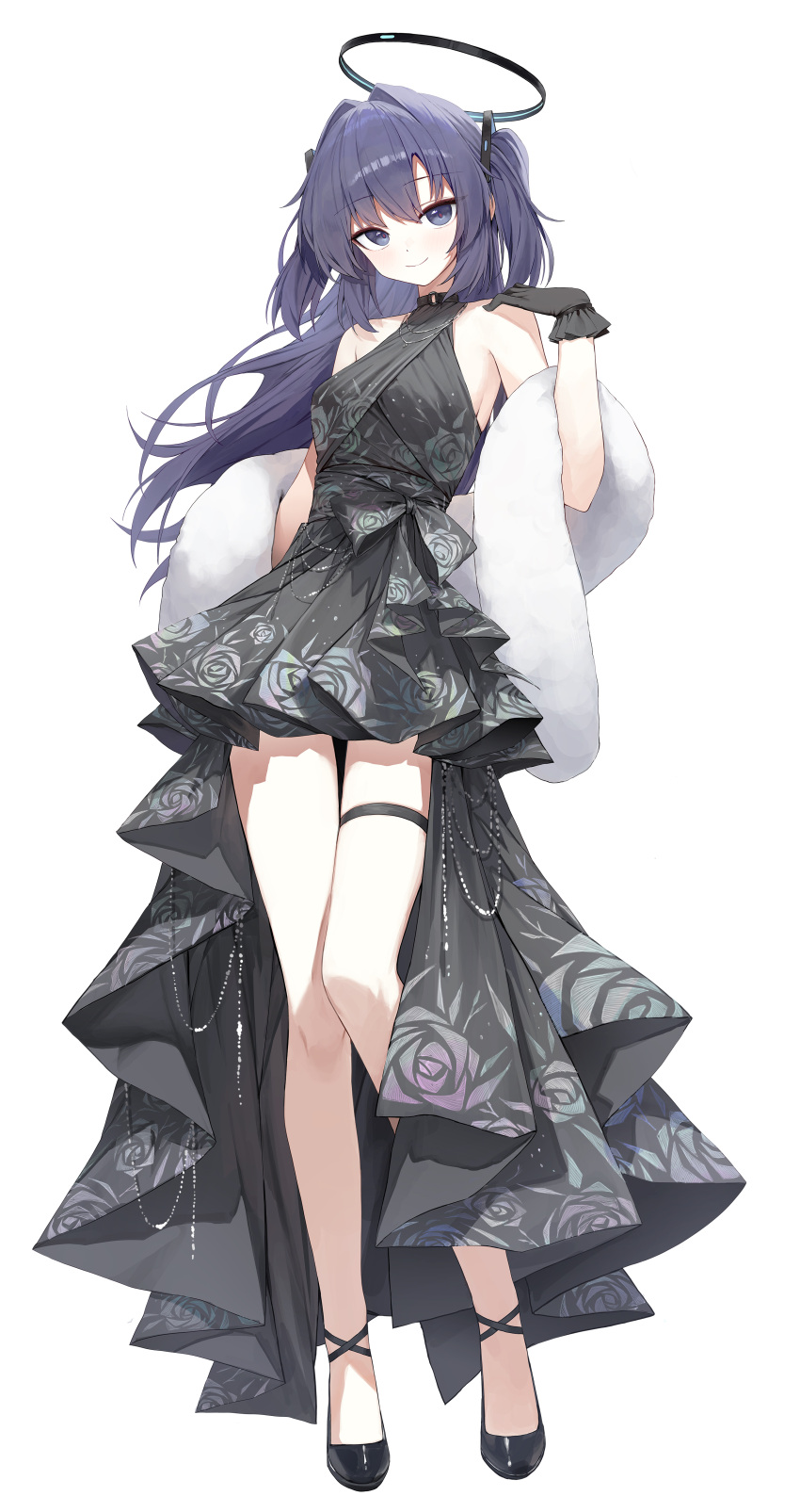 1girl absurdres alternate_costume black_dress black_footwear black_gloves blue_archive closed_mouth dress full_body gloves gnns halo highres long_hair looking_at_viewer mechanical_halo non-web_source purple_eyes purple_hair shoes simple_background smile solo thigh_strap two_side_up white_background yuuka_(blue_archive)