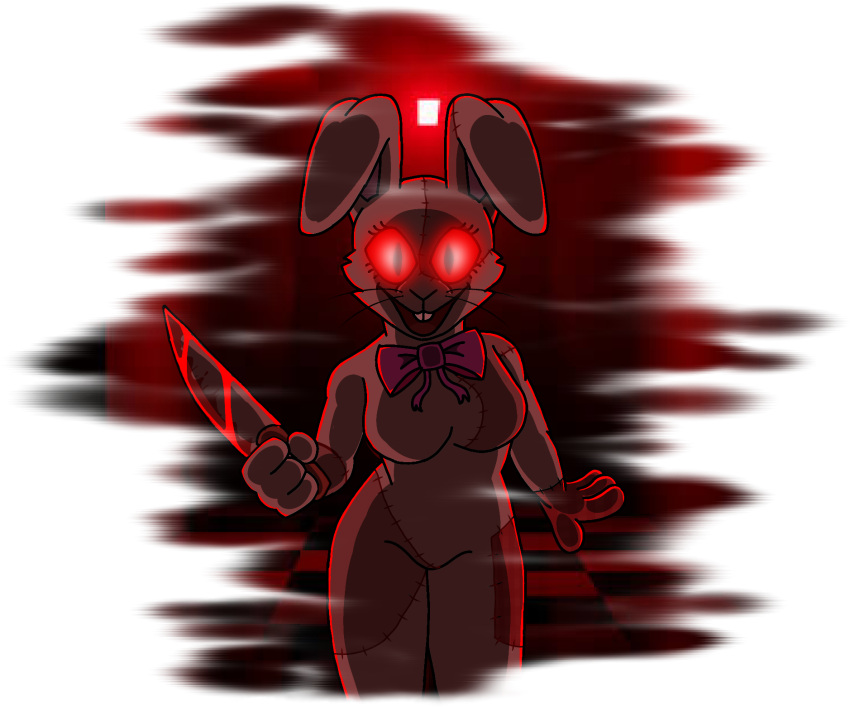buckteeth bunny_costume clothing costume darli_buni digital_media_(artwork) domestic_rabbit female five_nights_at_freddy's five_nights_at_freddy's:_security_breach fursuit glowing glowing_eyes hi_res holding_knife holding_object knife lagomorph leporid looking_at_viewer mammal open_mouth oryctolagus rabbit red_eyes scottgames smile solo steel_wool_studios stitch_(sewing) teeth vanny_(fnaf) whiskers