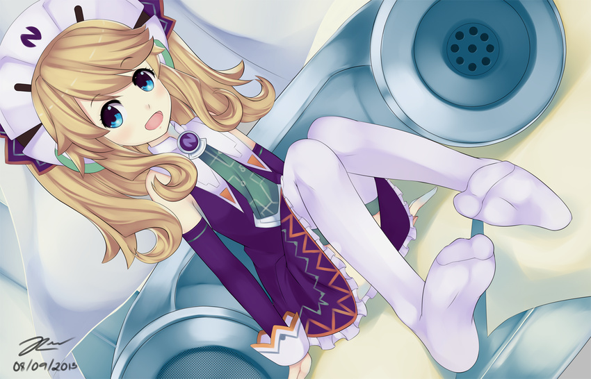 :d blonde_hair blue_eyes corded_phone dated dutch_angle feet handsofmidaz hat histoire long_hair neptune_(series) open_mouth phone signature sitting smile solo thighhighs white_legwear