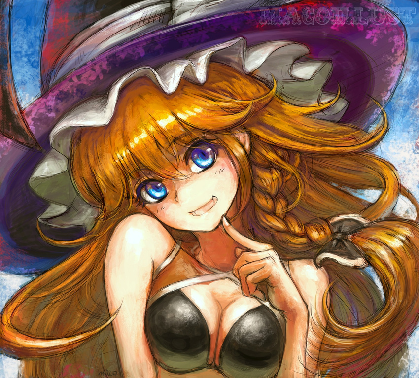 bad_id bad_pixiv_id bare_shoulders blonde_hair blue_eyes bow braid breasts cleavage finger_to_chin hair_bow hat highres kirisame_marisa long_hair maco_(macoillust) medium_breasts smile solo touhou witch_hat