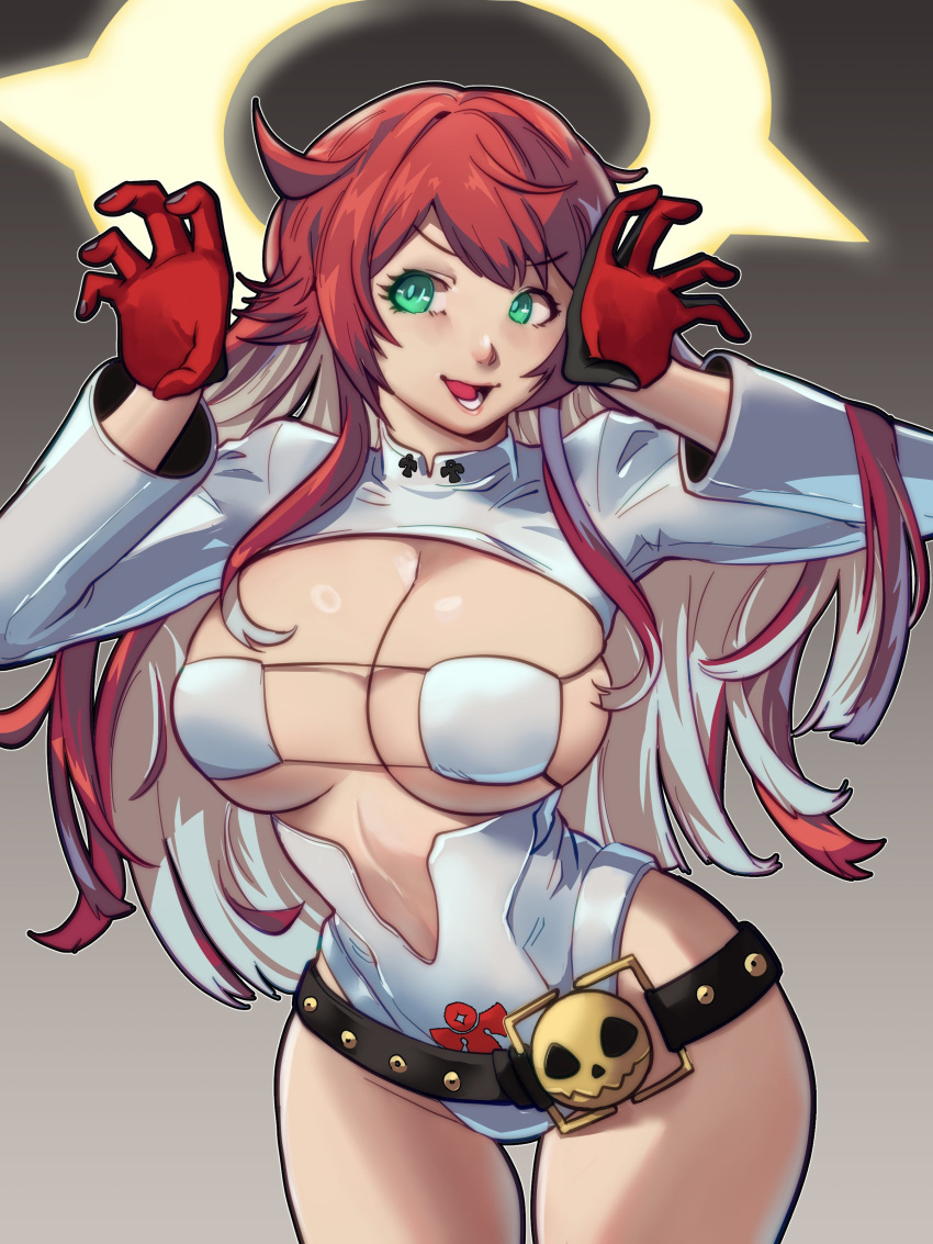 1girl absurdres alternate_costume belt bikini black_gloves breasts center_opening claw_pose cleavage colored_inner_hair commentary curvy english_commentary eyepatch_bikini gloves green_eyes guilty_gear guilty_gear_xrd halo highres jack-o'_valentine large_breasts leotard long_hair loose_belt lower_teeth_only messy_hair multicolored_hair narrow_waist open_mouth red_gloves red_hair sideboob skindentation skullworms solo spaghetti_strap spiked_halo swimsuit teeth thigh_gap two-tone_gloves two-tone_hair underboob variant_set very_long_hair white_hair white_leotard