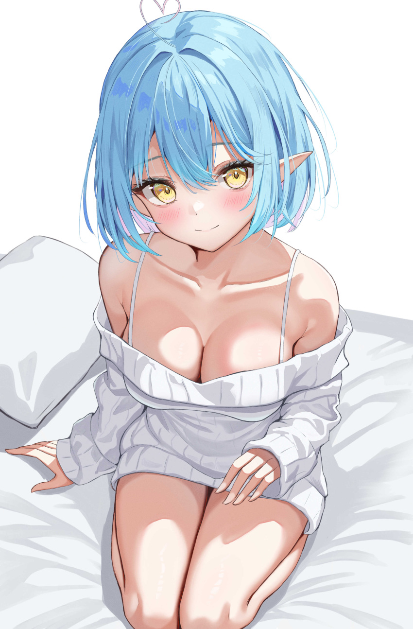 1girl absurdres ahoge bare_shoulders bed_sheet blue_hair blush bra_strap breasts closed_mouth collarbone dress elf heart heart_ahoge highres hololive large_breasts long_sleeves looking_at_viewer off-shoulder_dress off-shoulder_sweater off_shoulder on_bed oniku_(o29sukizero) pillow pointy_ears short_hair simple_background smile solo sweater sweater_dress virtual_youtuber white_background white_dress white_sweater yellow_eyes yukihana_lamy