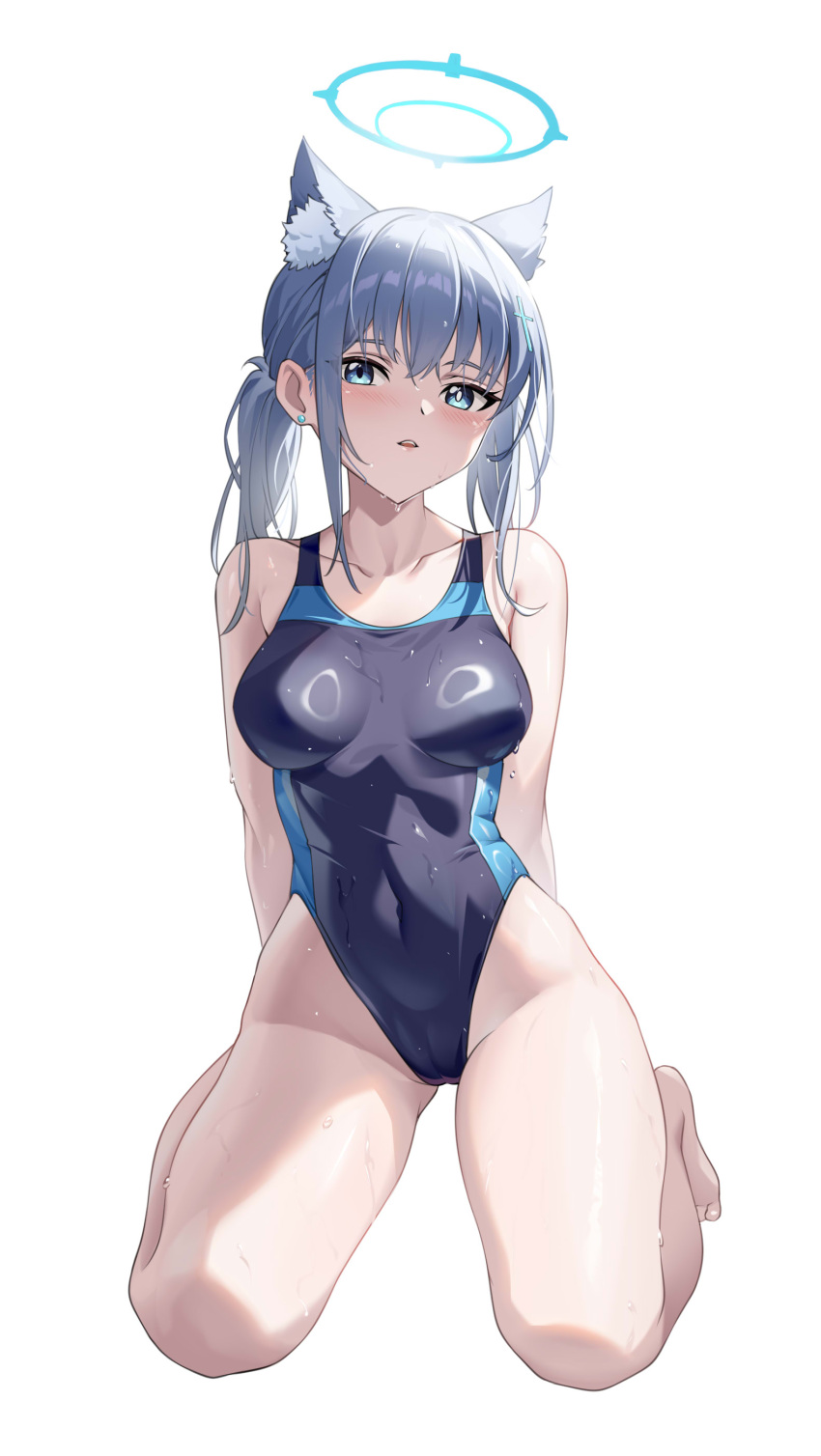 1girl absurdres animal_ear_fluff animal_ears bare_arms bare_legs bare_shoulders barefoot black_one-piece_swimsuit blue_archive blue_eyes blue_halo blush breasts chinese_commentary commentary_request competition_swimsuit covered_navel cross cross_hair_ornament extra_ears grey_hair hair_ornament halo highleg highleg_swimsuit highres inverted_cross kneeling looking_at_viewer low_ponytail medium_breasts medium_hair mismatched_pupils multicolored_clothes multicolored_swimsuit official_alternate_costume one-piece_swimsuit shenqi_xiao_hong_zai_nali shiroko_(blue_archive) shiroko_(swimsuit)_(blue_archive) solo swimsuit thighs two-tone_swimsuit water_drop wet white_background wolf_ears