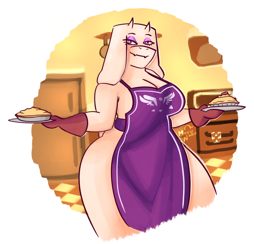 absurd_res alpha_channel anthro apron apron_only big_breasts boss_monster bovid breasts caprine cleavage clothed clothing eyelashes eyeshadow fangs female floppy_ears food fur gloves goat handwear hi_res holding_food holding_object horn lop_ears makeup mammal mature_female mosunoru pastry pie purple_apron purple_eyes purple_eyeshadow red_clothing red_gloves red_handwear simple_background smile solo teeth thick_thighs toriel transparent_background undertale undertale_(series) white_body white_fur white_horn wide_hips