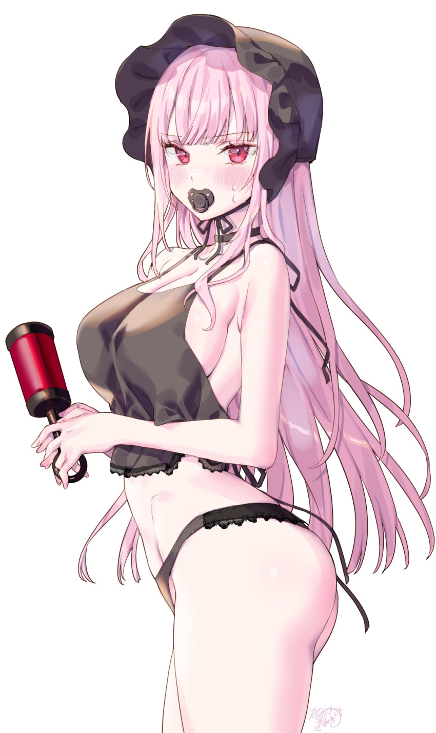 1girl absurdres adult_baby ass backless_outfit bare_arms bare_shoulders black_collar black_dress black_panties blush bonnet breasts cleavage collar covered_nipples crop_top dress groin highres holding holding_toy hololive hololive_english kamiya_maneki large_breasts long_hair looking_at_viewer mori_calliope pacifier panties pink_hair red_eyes sideboob sidelocks sleepwear solo standing sweat sweatdrop thighs toy underwear white_background