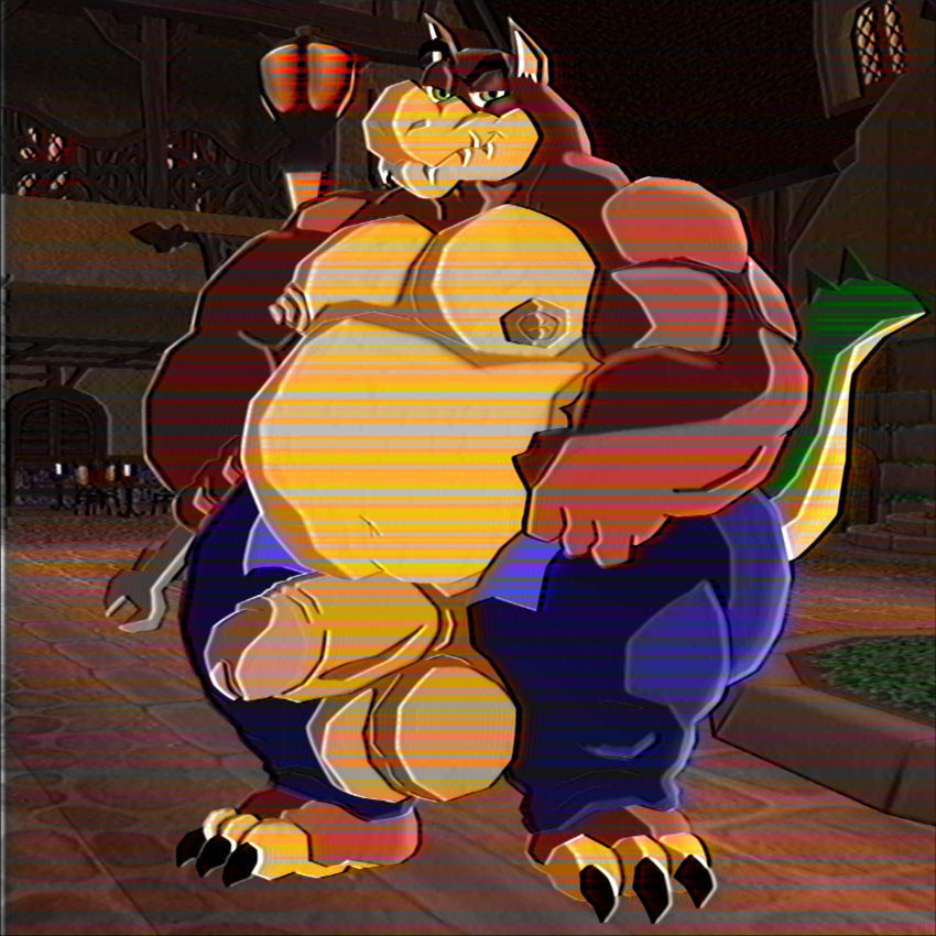 activision alligator alligatorid anthro balls belly big_balls big_belly big_butt big_forearms big_penis bottomwear butt canid canine canis clothed clothing crash_bandicoot_(series) crocodilian dingo dingodile forearms genitals hi_res humanoid hybrid looking_at_viewer male mammal musclegut muscular open_bottomwear open_clothing open_pants pants penis possbooty reptile scalie solo