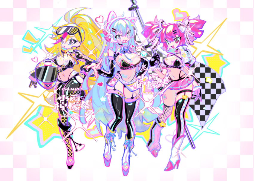 3girls animal_ear_headphones animal_ears belt bikini black_belt black_bikini black_gloves black_thighhighs blonde_hair blue_eyes blue_hair blue_outline blue_ribbon breasts buro_(muse_dash) cat_ear_headphones checkered_background cleavage drill_hair elbow_gloves fake_animal_ears gloves headphones heart helmet highres holding holding_helmet large_breasts long_hair marija_(muse_dash) motorcycle_helmet multicolored_eyes multicolored_hair multiple_girls muse_dash navel neon_palette outline pink_background pink_eyes pink_footwear pink_hair pink_outline ponytail ribbon rin_(muse_dash) sparkle star_(symbol) sticker streaked_hair swimsuit thighhighs too_many_stickers twin_drills two-tone_hair white_background white_footwear white_headphones xiaoyunatie yellow_footwear yellow_outline