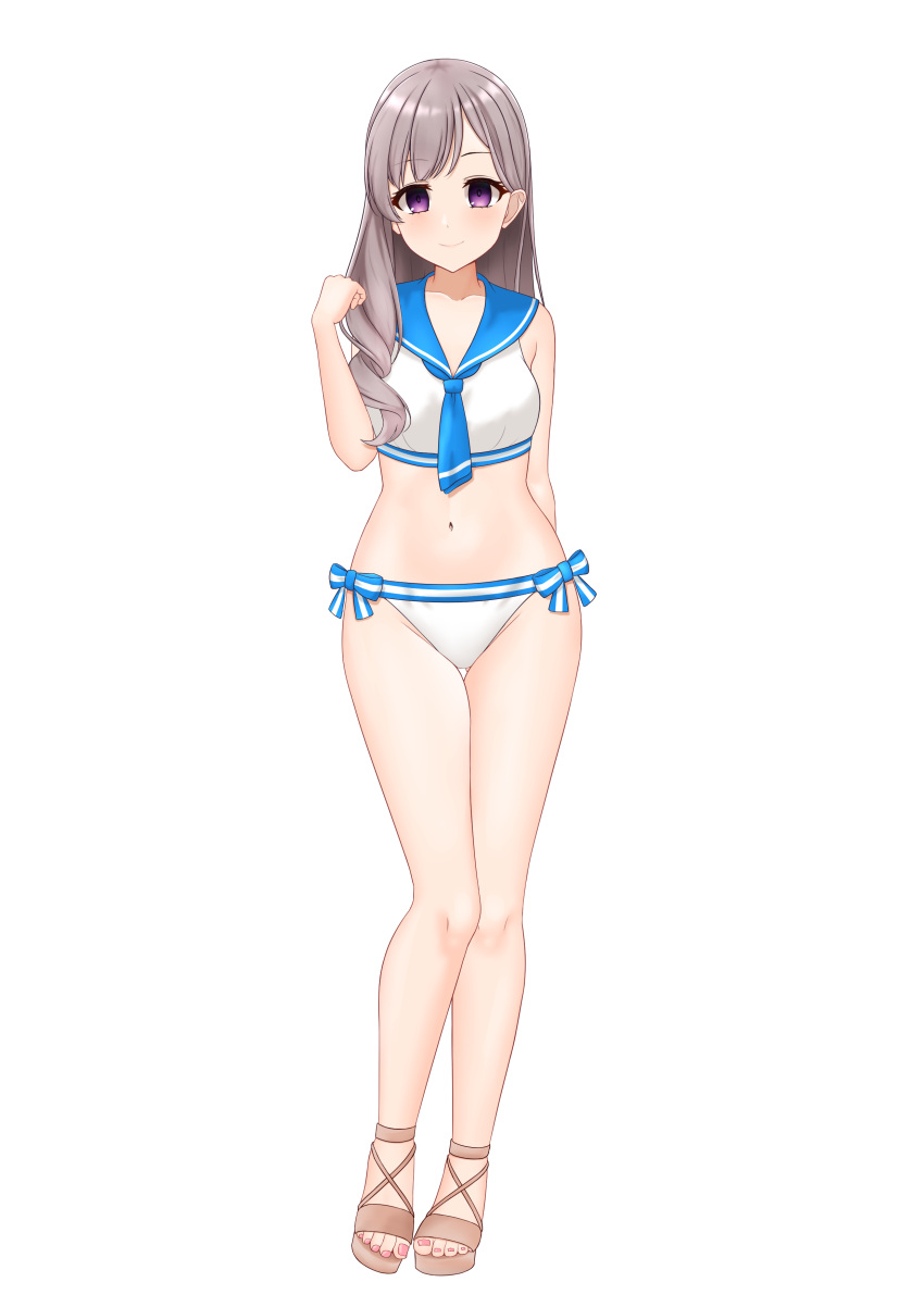 1girl absurdres bikini blue_neckerchief blue_sailor_collar breasts brown_eyes full_body grey_hair hair_over_shoulder highres idolmaster idolmaster_shiny_colors laichange long_hair looking_at_viewer medium_breasts multicolored_clothes multicolored_swimsuit neckerchief official_alternate_costume sailor_bikini sailor_collar sailor_swimsuit_(idolmaster) sandals simple_background solo standing swimsuit white_background white_bikini yukoku_kiriko