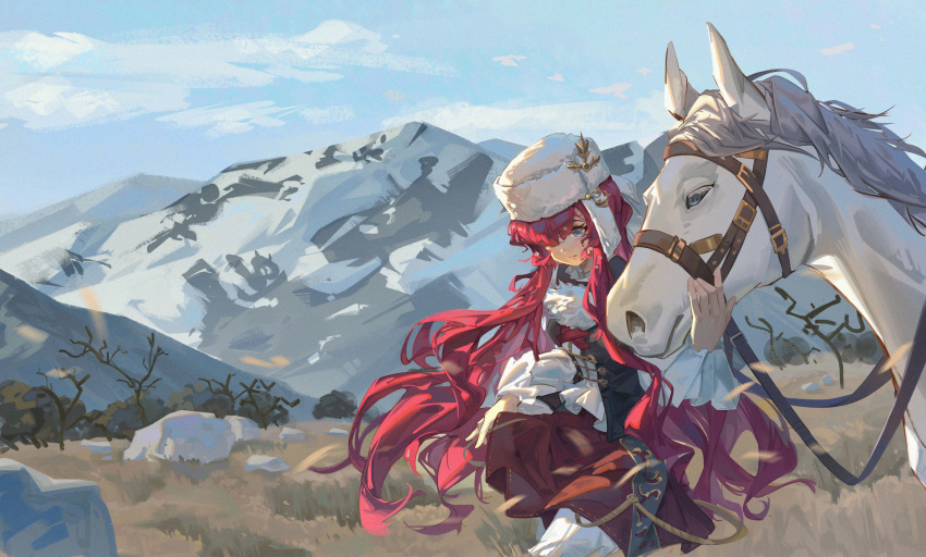 1girl absurdres black_vest blue_eyes blue_sky closed_mouth cloud cowboy_shot fur_hat grass hair_over_one_eye hand_on_animal hand_up hat highres horse leaning_forward long_hair long_sleeves looking_down mountain outdoors pants pants_under_skirt puffy_long_sleeves puffy_sleeves red_hair red_skirt reverse:1999 rock shirt skirt sky snow solo tree ushanka very_long_hair vest walking white_headwear white_pants white_shirt yenisei_(reverse:1999) zzzzzziyao