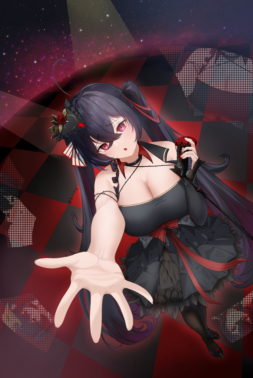 1girl absurdres ahoge artist_name asymmetrical_sleeves azur_lane black_dress black_footwear black_hair black_pantyhose breasts checkered_floor cleavage commentary_request crossed_bangs dress frilled_dress frills from_above full_body hair_between_eyes highres holding holding_microphone_stand huge_ahoge huge_breasts long_hair microphone_stand mohairu_(hhooaann) outstretched_arm pantyhose red_eyes shoes short_dress single_sleeve solo taihou_(azur_lane) taihou_(muse)_(azur_lane) twintails uneven_sleeves very_long_hair