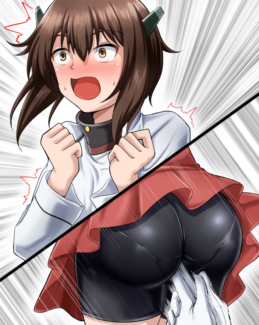 1girl ass bike_shorts blush brown_eyes brown_hair commentary_request gloves headgear highres kanchou kantai_collection open_mouth pantylines short_hair surprised sweatdrop taihou_(kantai_collection) tears white_gloves zanntetu