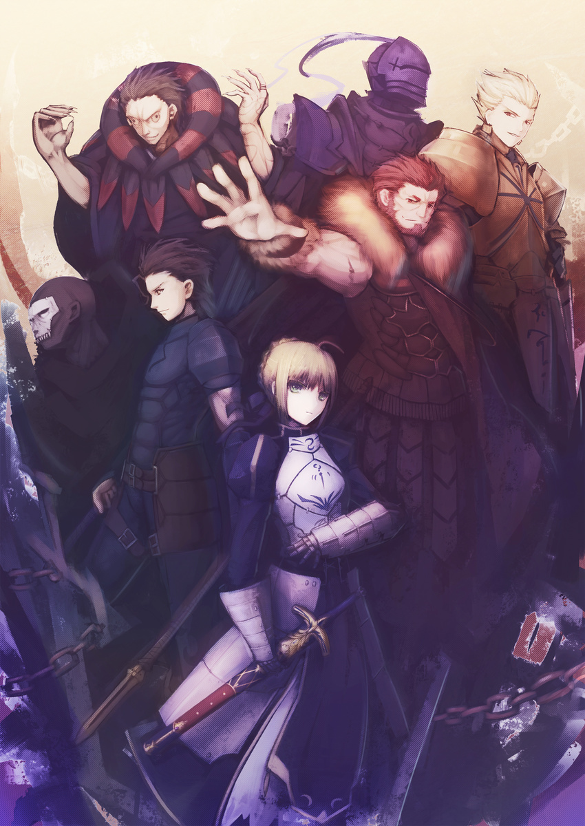 6+boys absurdres armor artoria_pendragon_(all) assassin_(fate/zero) berserker_(fate/zero) black_hair blonde_hair caliburn caster_(fate/zero) fate/zero fate_(series) gilgamesh highres lancer_(fate/zero) magic_xiang multiple_boys red_hair rider_(fate/zero) saber sheath sheathed