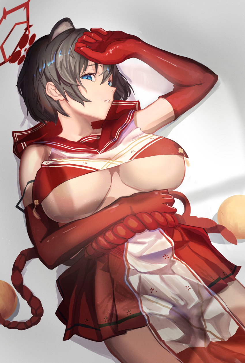 1girl 200-ko_no_chikara absurdres animal_ears black_hair blue_archive blue_eyes breasts cowboy_shot elbow_gloves gloves halo highres large_breasts open_mouth pleated_skirt red_gloves red_halo red_sailor_collar red_skirt rope sailor_collar short_hair skirt solo tsubaki_(blue_archive) underboob