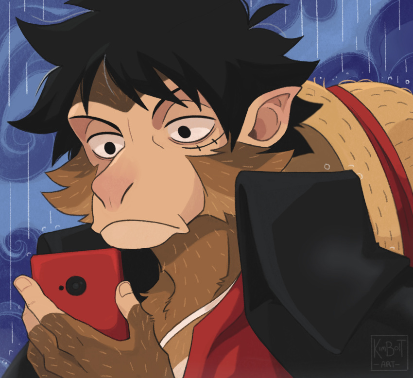 2024 alternate_species anthro cellphone clothed clothing cloud coat electronics eyebrows frown fur furrification hair haplorhine hat headgear headwear hi_res holding_object holding_phone kimboltart looking_at_object looking_at_phone male mammal monkey monkey_d._luffy nails night one_piece open_clothing open_coat open_topwear outside phone pirate primate raining reaction_image relatable scar shirt smartphone solo straw_hat topwear tuft water watermark