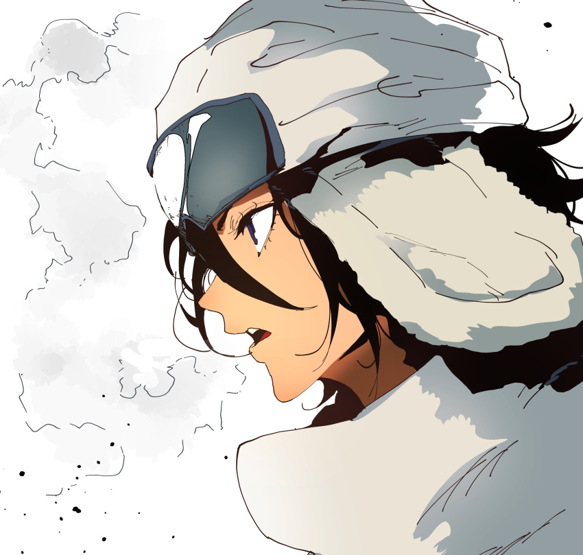 1girl absurdres black_hair bleach bleach:_sennen_kessen-hen blue_eyes breath eyelashes from_side fur_hat goggles goggles_on_head hair_between_eyes hat high_collar highres isaacchief300 jacket kuchiki_rukia looking_to_the_side medium_hair open_mouth paint_splatter portrait profile snow_goggles solo steam teeth tongue upper_teeth_only ushanka white_headwear white_jacket