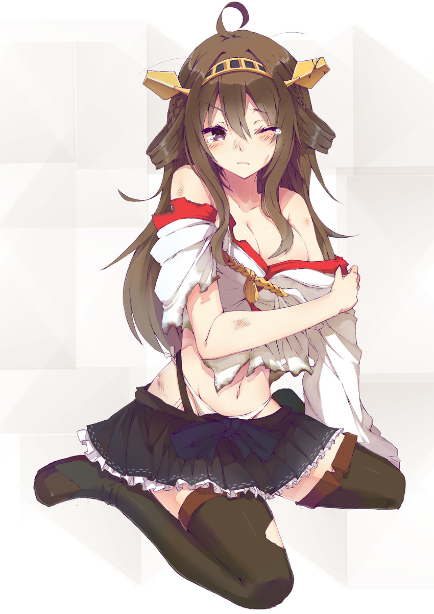 absurdres ahoge braid breasts brown_eyes brown_hair cleavage hairband highres holding_arm injury japanese_clothes kantai_collection kongou_(kantai_collection) long_hair medium_breasts messy_hair navel off_shoulder panties sitting solo tears thighhighs torn_clothes underwear wariza wince yuui_hutabakirage