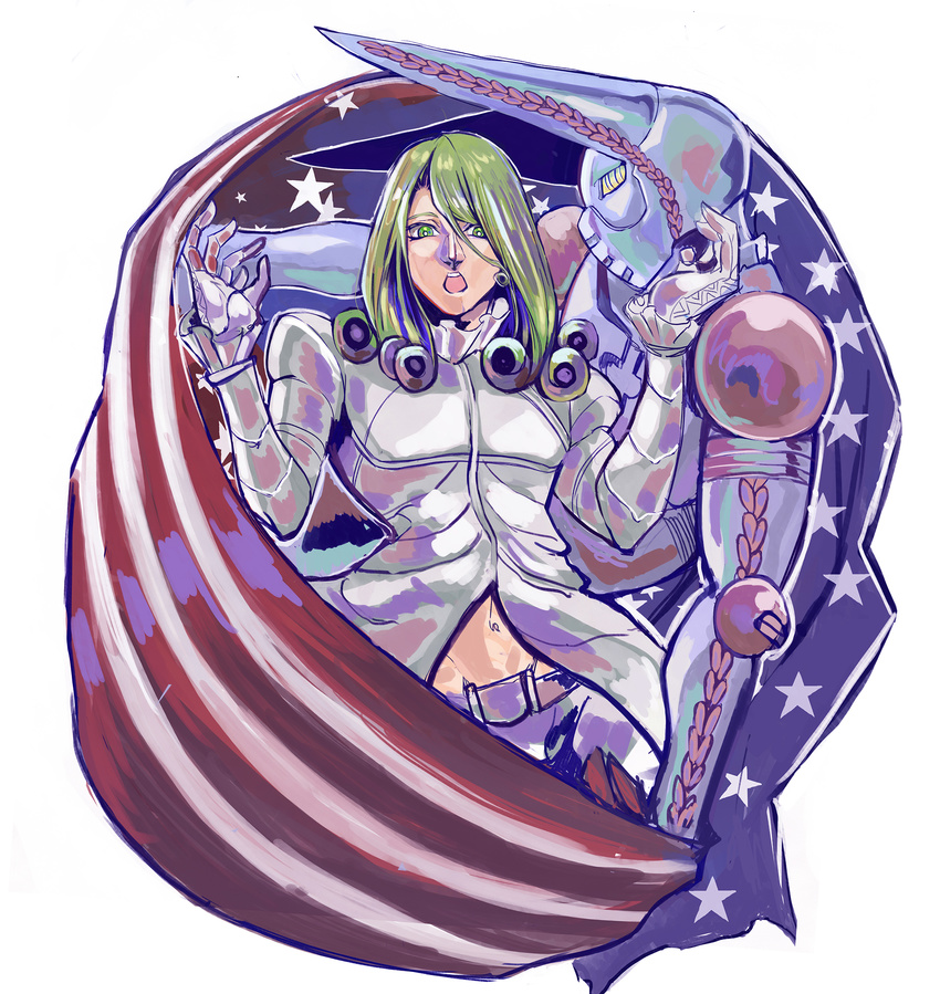 4179a :o american_flag curly_hair dirty_deeds_done_dirt_cheap funny_valentine gloves green_eyes green_hair groin highres jojo_no_kimyou_na_bouken long_hair looking_at_viewer male_focus midriff multiple_boys navel open_mouth profile stand_(jojo) steel_ball_run teeth toned toned_male white_gloves