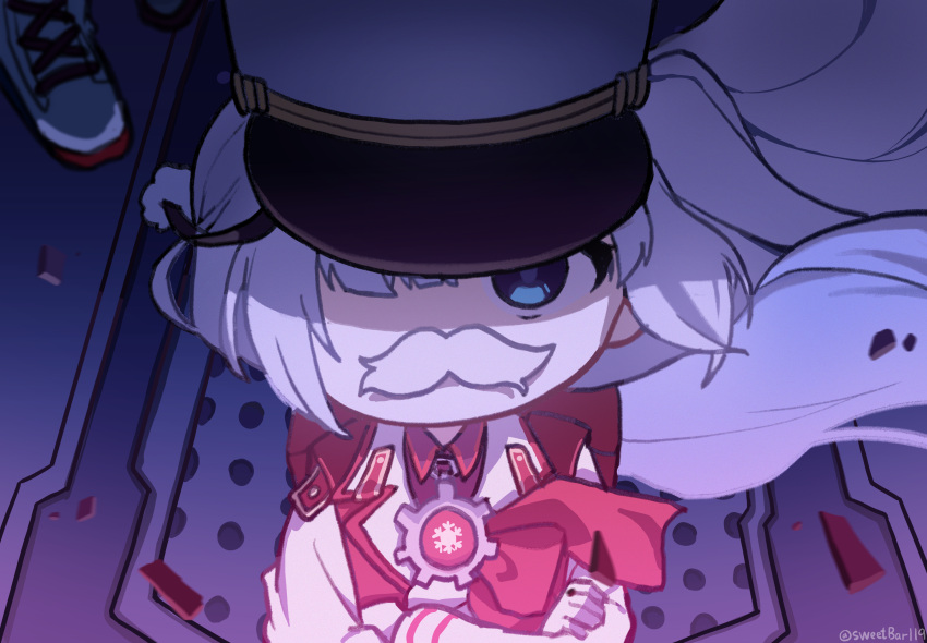 1girl 1other black_shirt blue_archive blue_eyes cherino_(blue_archive) coat collared_shirt crossed_arms fake_facial_hair fake_mustache fur_hat gloves hat highres long_hair long_sleeves looking_at_viewer shaded_face shirt solo_focus twitter_username ushanka white_coat white_gloves white_hair white_headwear yanggaengwang