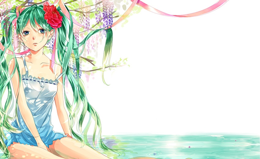 bad_id bad_pixiv_id flower green_hair hair_flower hair_ornament hair_ribbon hatsune_miku long_hair ribbon sitting solo strap_slip twintails uri_(dark/lip) very_long_hair vocaloid