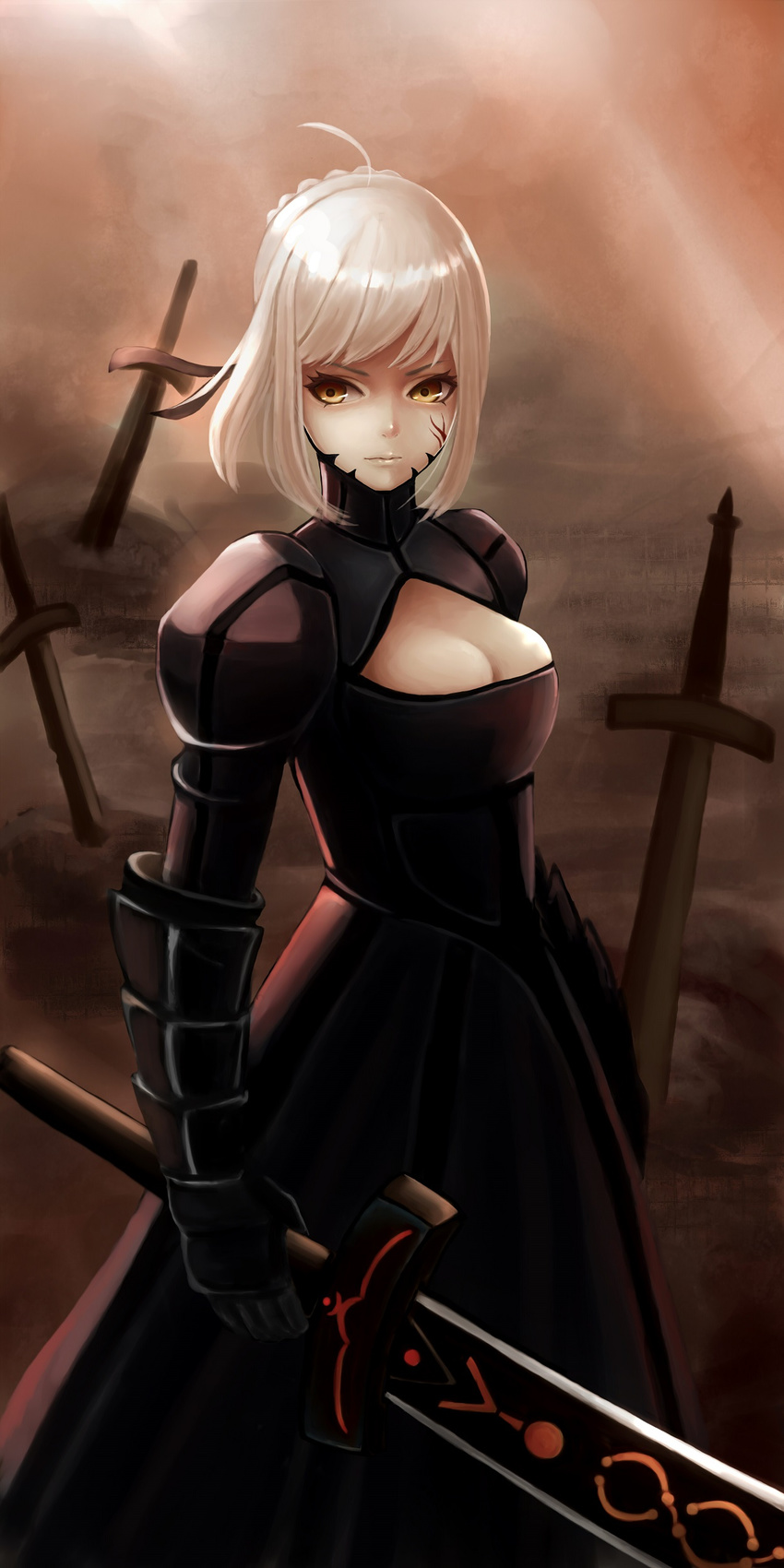 absurdres armor armored_dress artoria_pendragon_(all) black_armor blonde_hair breasts cleavage cleavage_cutout dark_excalibur dress fate/stay_night fate_(series) field_of_blades highres medium_breasts planted_sword planted_weapon saber_alter sashimi_(adam026) solo sword weapon yellow_eyes