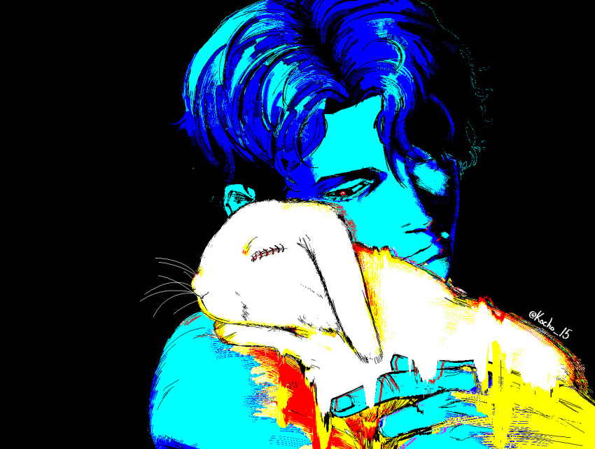 1boy animal black_background daan_(fear_&amp;_hunger) fear_&amp;_hunger fear_&amp;_hunger_2:_termina holding holding_animal kocho_15 limited_palette looking_at_animal male_focus one_eye_covered rabbit short_hair solo stitched_eye twitter_username whiskers