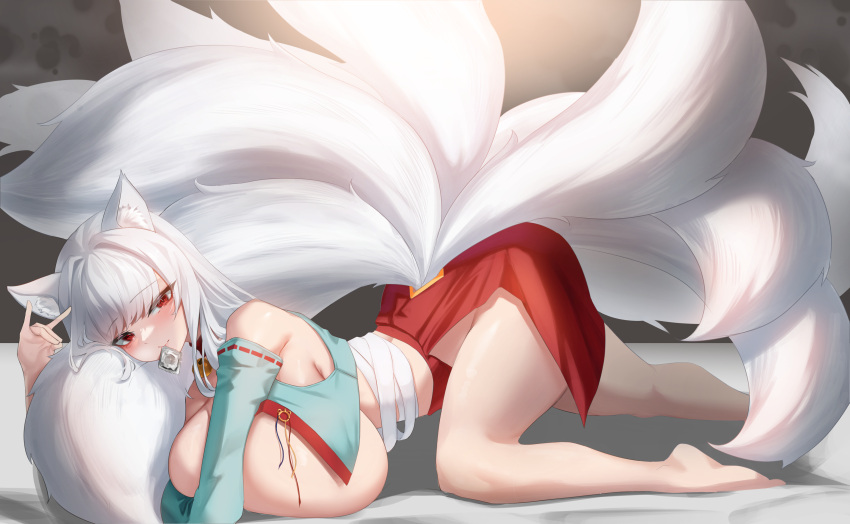 1girl absurdres all_fours animal_ears blush breasts condom condom_in_mouth crop_top detached_sleeves fox_ears fox_girl fox_shadow_puppet fox_tail from_side hair_intakes highres huge_breasts kitsune kyuubi light_smile long_hair looking_at_viewer mouth_hold multiple_tails original red_eyes red_skirt sarashi simsim_han-u skirt solo tail white_hair