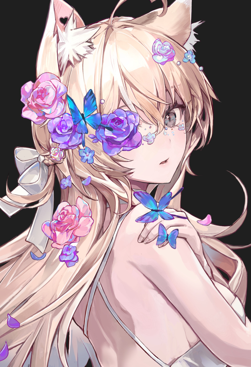 1girl ahoge animal_ear_fluff animal_ears black_background blonde_hair bow breasts bug butterfly cat_ears cat_girl crossed_bangs double-parted_bangs dress flower grey_eyes hair_between_eyes hair_bow hair_flower hair_ornament hand_on_own_shoulder highres large_breasts lee_jooin long_hair looking_at_viewer open_mouth pink_flower purple_flower simple_background solo twice12314 upper_body v-lup very_long_hair virtual_youtuber white_bow white_dress