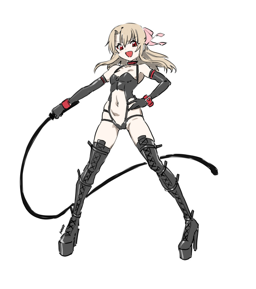 1girl black_choker black_leotard bondage_outfit boots bow breasts choker clip_studio_paint_(medium) clothing_cutout commission cross-laced_footwear dominatrix elbow_gloves eudetenis fate/kaleid_liner_prisma_illya fate_(series) front_zipper full_body gloves grey_hair hair_bow highres hip_vent holding holding_whip illyasviel_von_einzbern lace-up_boots leather leather_gloves leotard long_legs looking_at_viewer navel pale_skin pink_bow platform_boots platform_footwear platform_heels red_eyes revealing_clothes small_breasts solo stomach_cutout thigh_boots variant_set whip wrist_straps