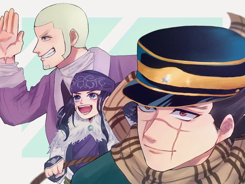 1girl 2boys ajtm007 asirpa blue_eyes coat commentary_request golden_kamuy hat long_hair looking_to_the_side military_hat multiple_boys red_eyes scar scar_on_face scarf shiraishi_yoshitake short_hair simple_background smile sugimoto_saichi white_hair