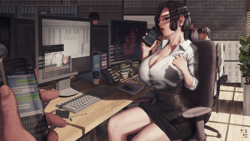 1girl absurdres bra_visible_through_clothes breasts cleavage commentary dappled_sunlight desk english_commentary flirting forked_tongue grmm highres huge_breasts keyboard_(computer) looking_at_viewer monitor muramata-san_no_himitsu narrow_waist naughty_face office office_lady partially_unbuttoned pencil_skirt pov pov_hands short_hair skirt solo_focus sunlight text_messaging tongue tongue_out